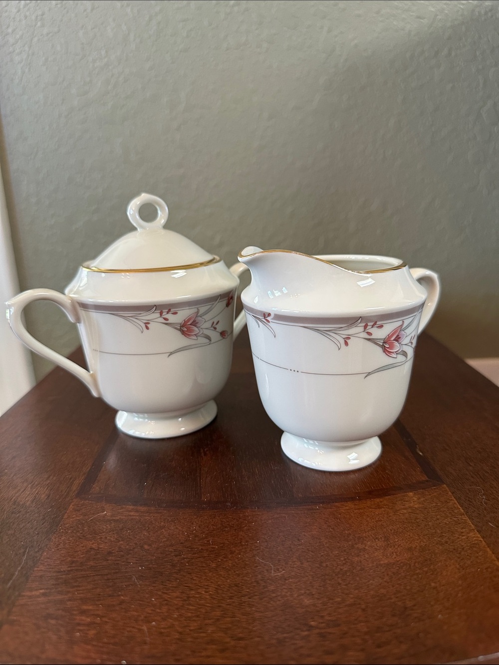 Vintage Sango Regency Fine China Heather Sugar and Creamer Set Gold Trim
